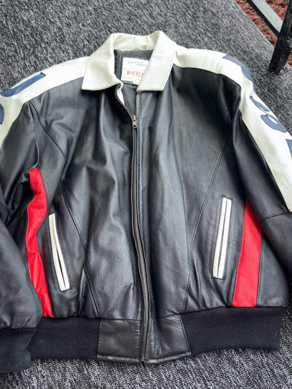 Michel Hoban Black Leather Bomber Jacket with White Shoulders & Red Side Panels